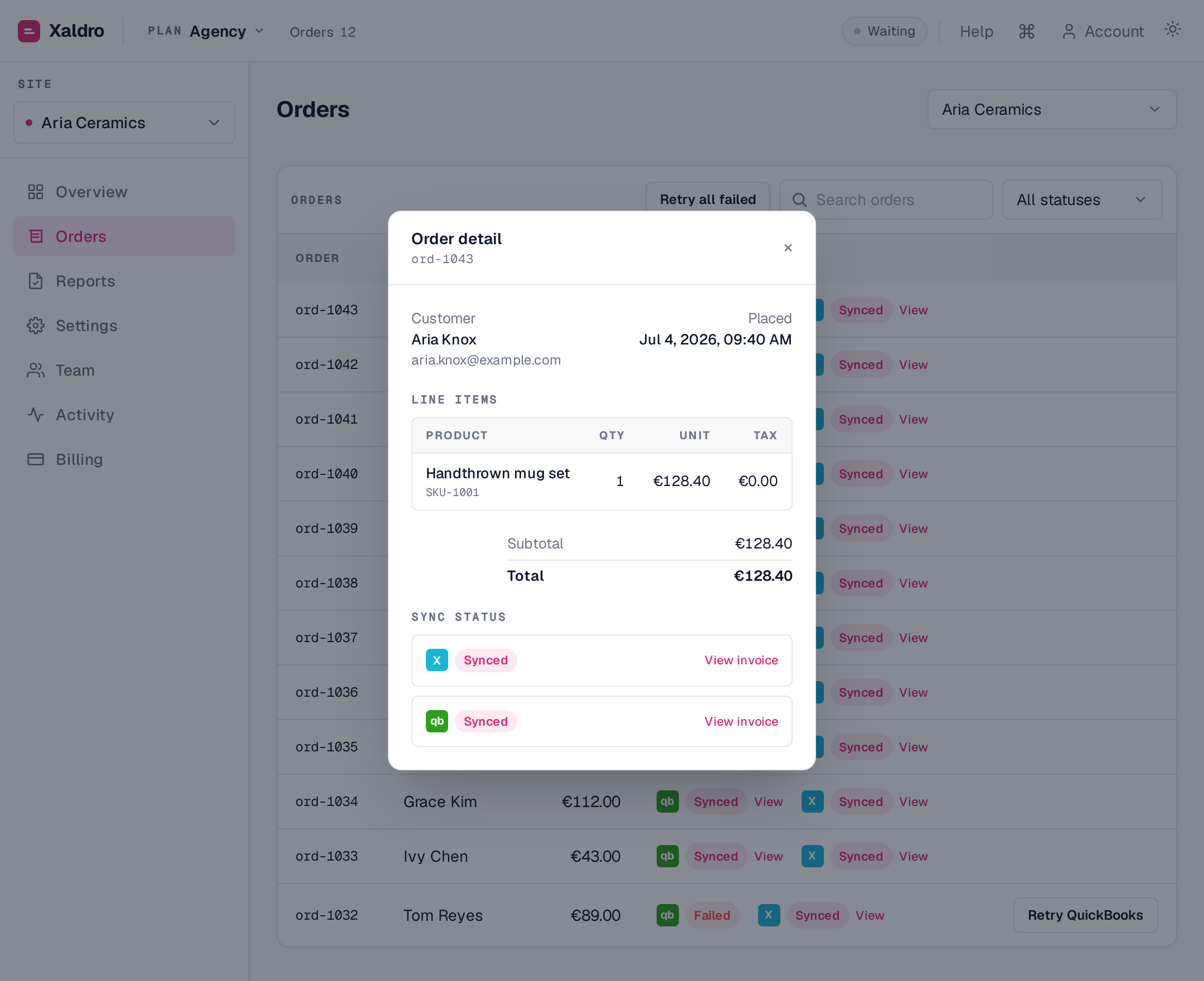 The order detail drawer: customer, line items, totals and per-provider sync