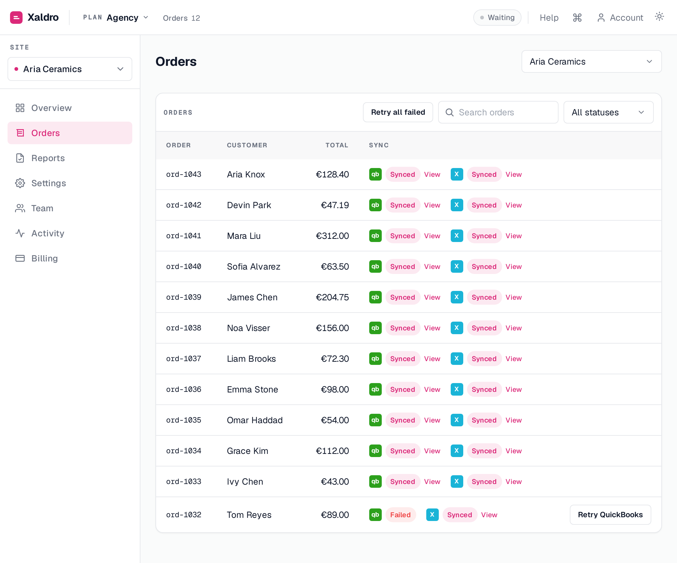 A failed order on the Orders screen, with a Retry action