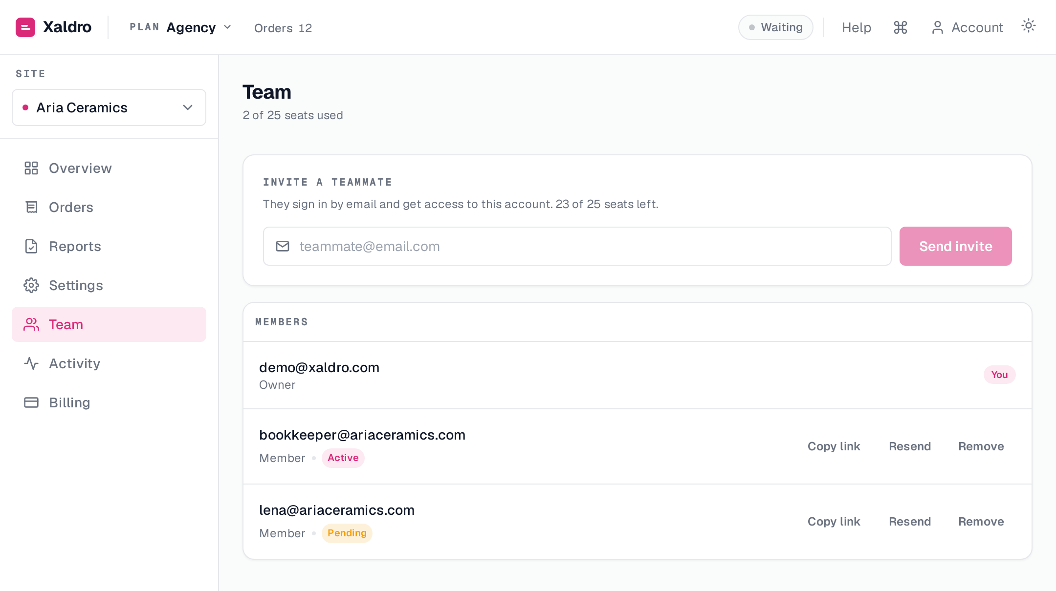 The Team screen: invite members, manage seats and per-member links