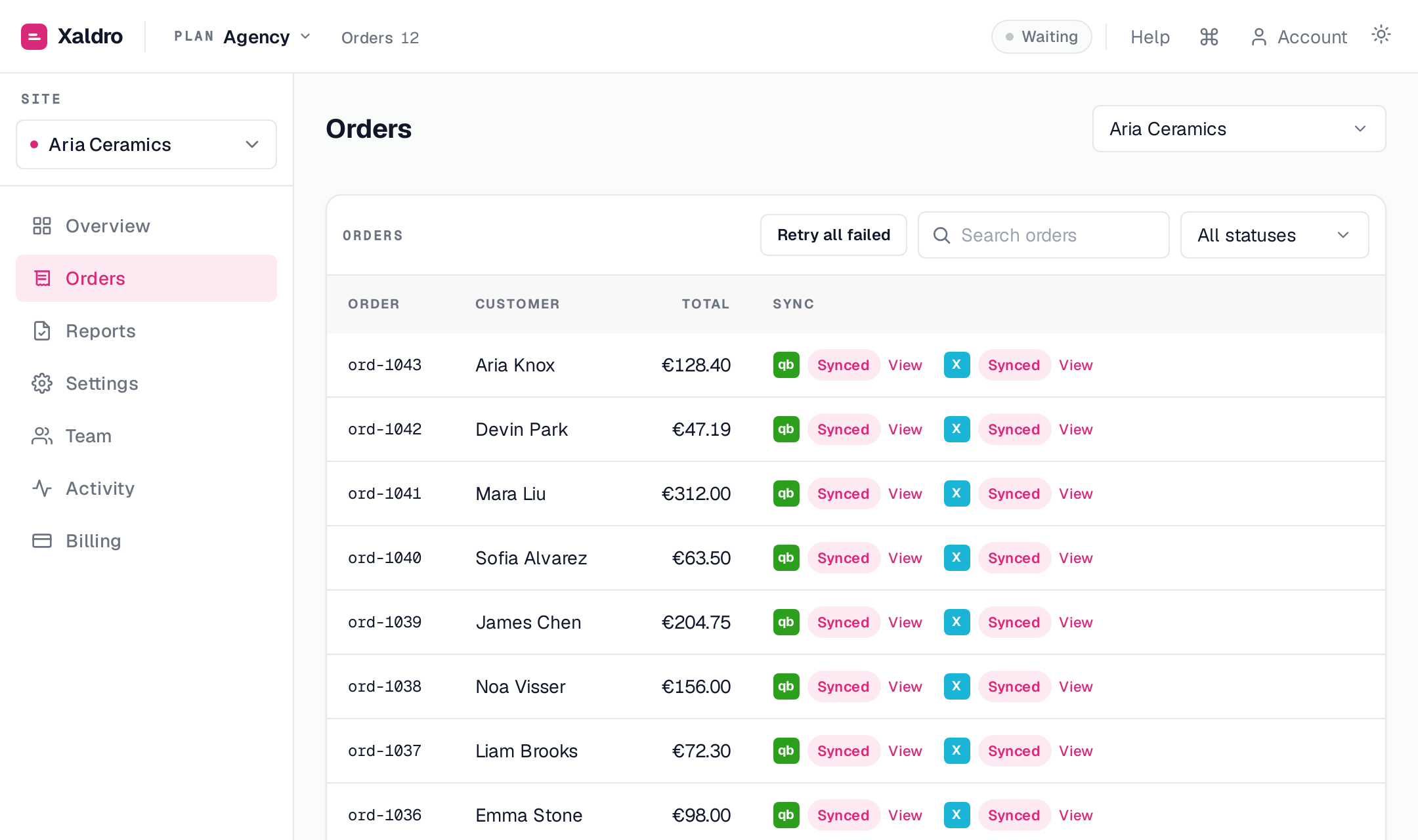 Per-order sync status to QuickBooks and Xero, with one click to retry anything that needs it